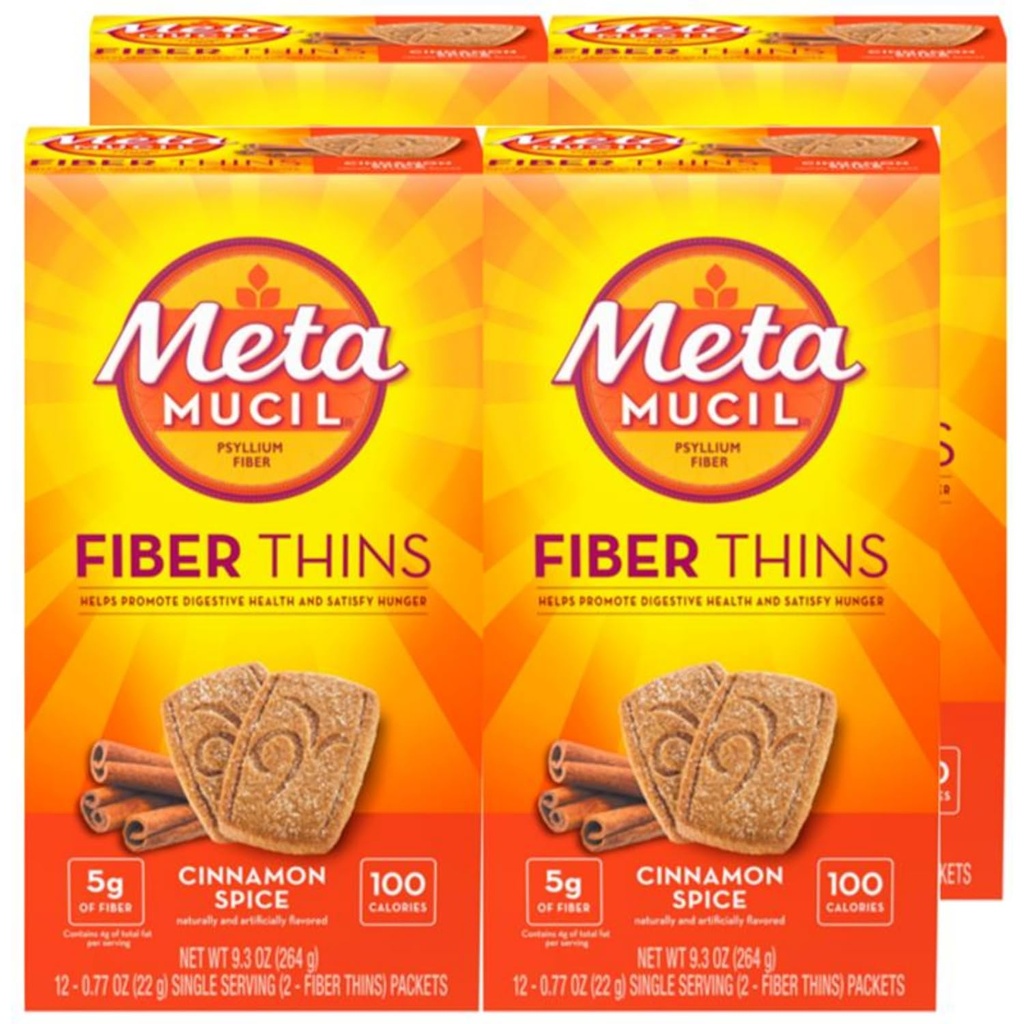 Metamucil Fiber Thins, Daily Fiber Supplement Snack, Psyllium Husk Powder, 5g Fiber per Serving, podporuje tráviace zdravie a uspokojuje hlad, Škorica korenia chuť, balenie 4, 12 slúži každý