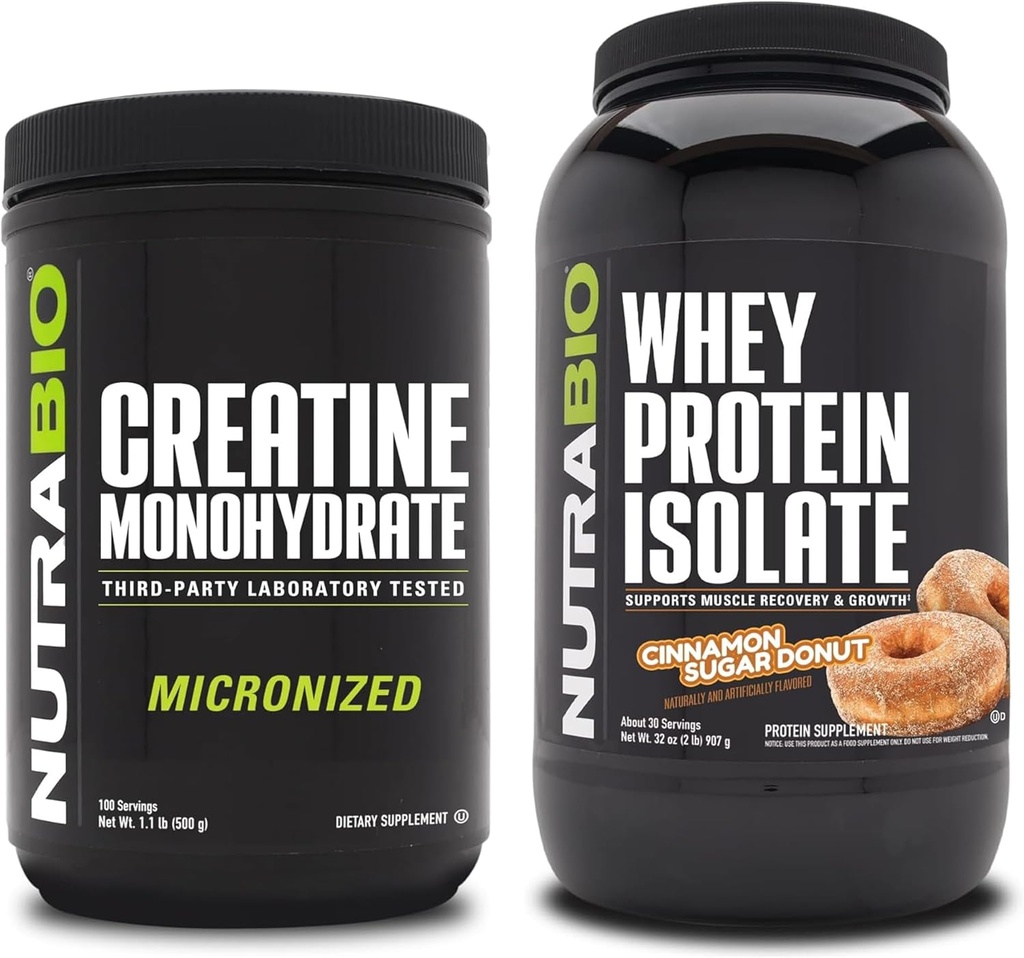 NutraBio Kreatinný monohydrát, Neochutený, 500g a srsť proteín izolát, Škorica cukor šiška, doplnok Bundle - svalová energia, Lean svalového rastu, zotavenie, a sila
