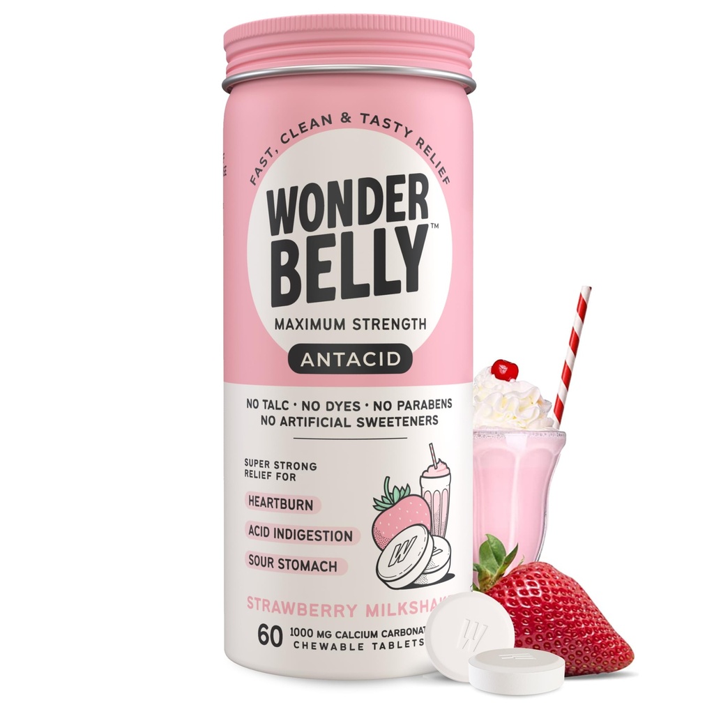 Wonderbelly Antacidum, Účinné pálenie záhy a instantná kyselina Zmiernenie trávenia, Extra sila Žuvacie tablety, 1000 mg uhličitan vápenatý, Bez mastenca alebo farbivá, Jahodový mliečny koktail, 60 Počet
