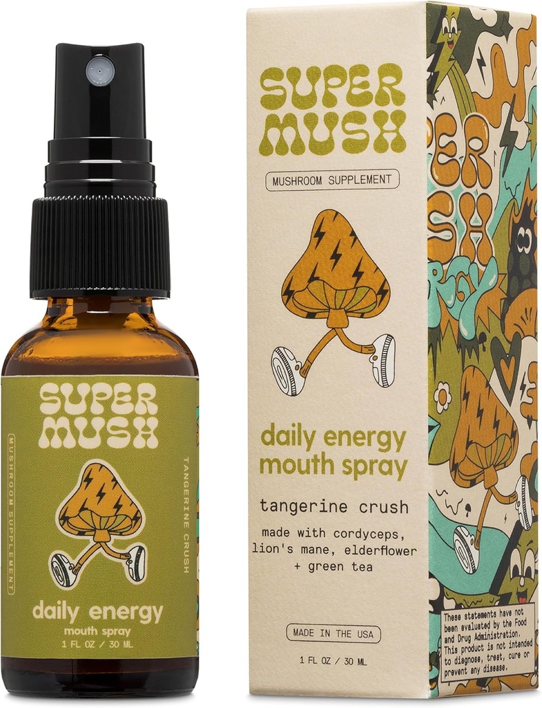 SuperMush Daily Energy Mouth Spray - Hubová sprej - Lions Mane & Cordyceps Mixed Huby Extract Čistá kvapalina sprej pre zaostrovanie, vytrvalosť a jasnosť - 30ml Organické Lions Mane Fungi Spray