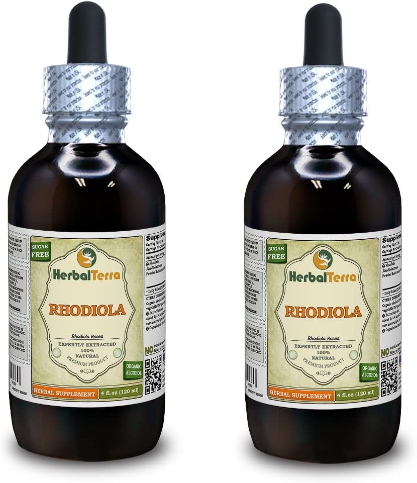 Rhodiola (Rhodiola Rosea) Tinktúra, Organicky vysušené korene tekutý extrakt (názov brand: bylinný terra, hrdo vyrobené v USA) 2x4 fl.oz (2x120 ml)