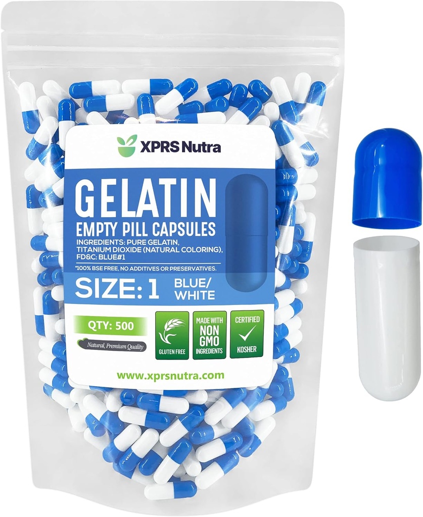 XPRS Nutra Veľkosť 1 prázdne kapsule - 500 Počet prázdnych želatíny Kapsule - Pill DIY Kapsule plnenie - Pure Bovine Pill Gel Caps pre Do-It-Tvoje vlastné doplnky (modrá/biela)