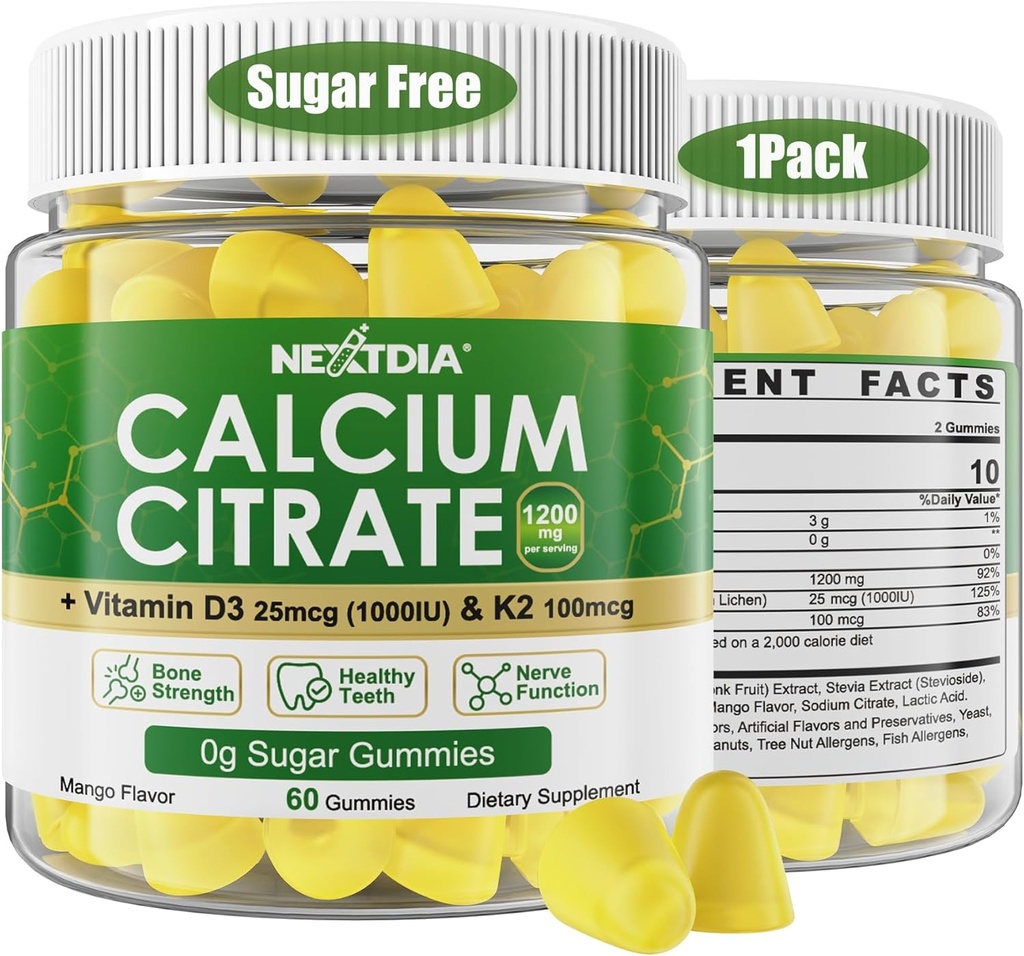 Dusičnan vápenatý 1200 mg s vitamínom D3 K2, žuvacie kalcium doplnky pre ženy a mužov, podpora vysokej potencie B0ne, Te*th, Sila a imunitné zdravie, Mango chuť, non-GMO, bez cukru, 60 Cts