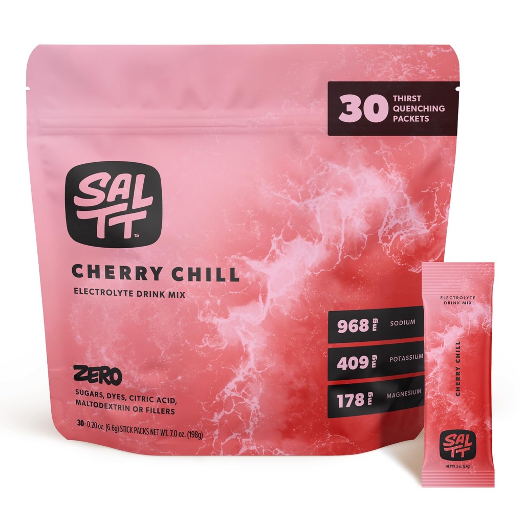 SALTT Elektrolyty prášok Ochutený nápoj Mix - Cherry Chill - 30 Hydratačné balíčky - horčík, draslík, sodík, stopové minerály - Zero Cukor a bezlepok - Cestovanie Essentials