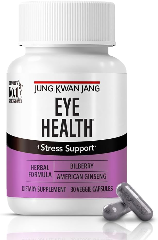 JUNG KWAN JAG Očná zdravotná podpora s čučoriedkami (166 mg) a americkým ženšenom (143 mg) pre Vision Care, Reduced Eye Stein, Cognitive Support, 30 Kapsule pre Muži a ženy