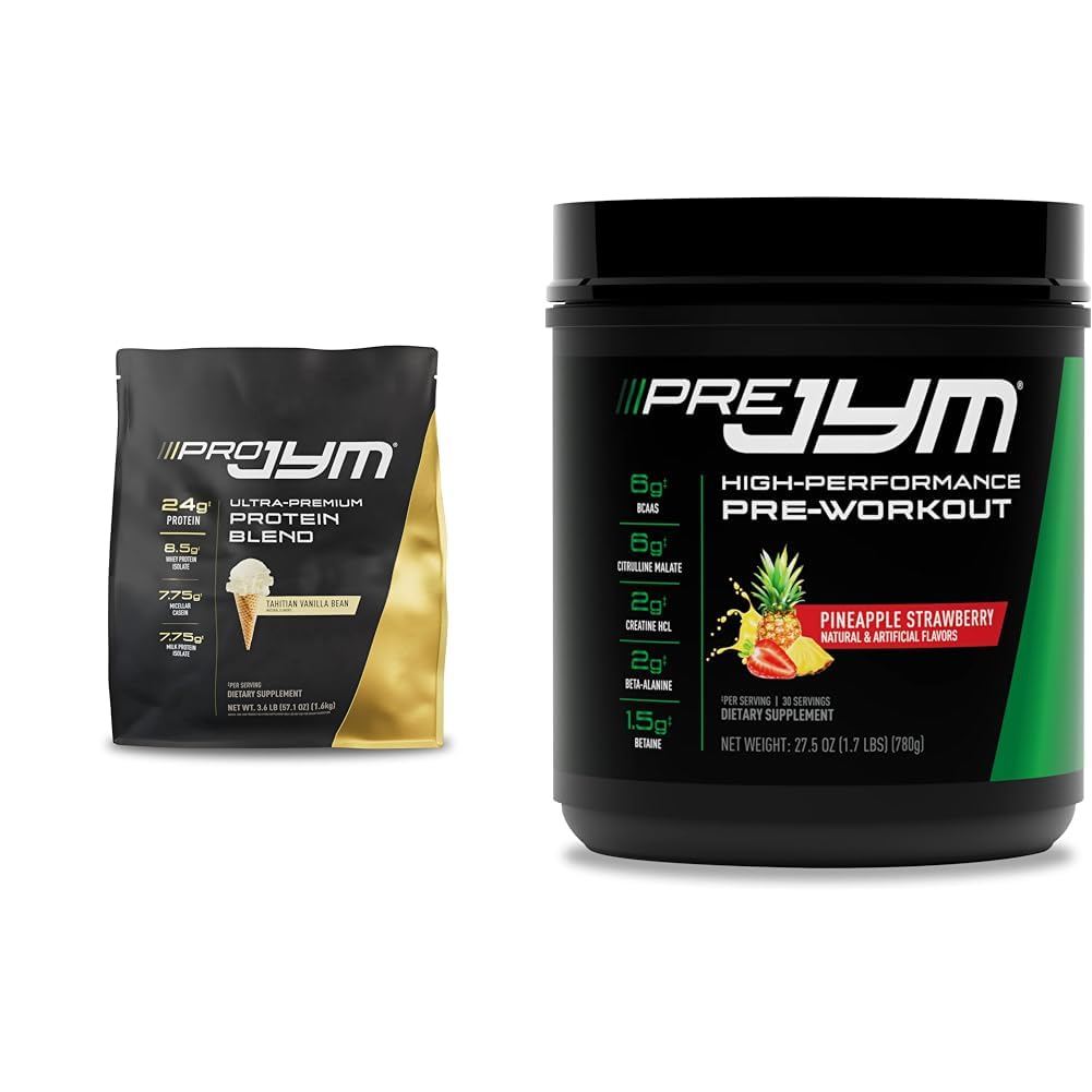 PRO JYM 45 Slúžiť - Tahitian Vanilla Bean & PRE JYM 30 Slúžiť - Ananás Strawberry