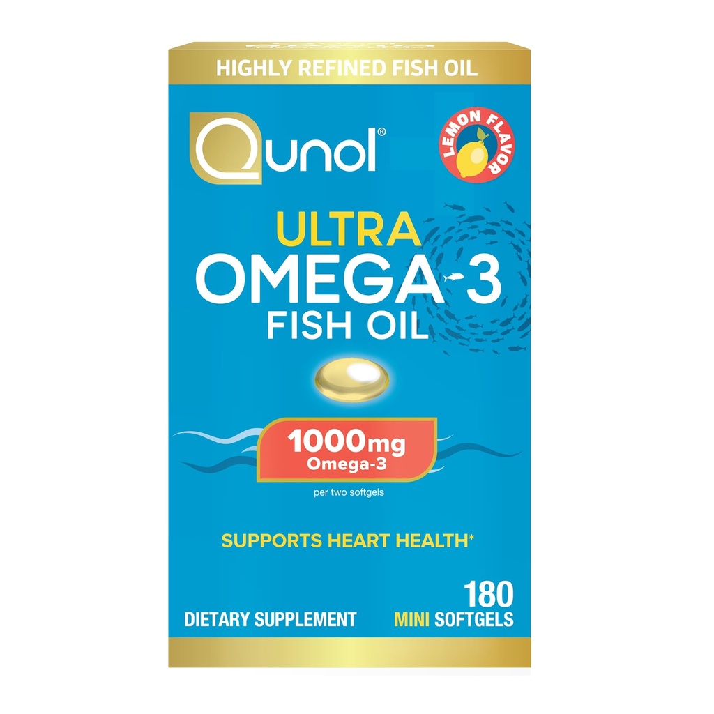 Qunol Fish Oil Omega 3 Mini Softgels, 1000mg Omega 3 EPA + DHA, Ultra Pure Supplements, Heart Health Support, Lemon Flavor, Easy to Lasting Minis, 3 mesiace dodávky, 180 Počet