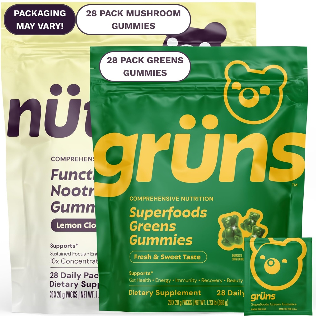 Gruns Superfood Green + New Nütrops Gummy Bundle, Organic Nutritional Supplement 2 x 28 Balenie: Multivitamín, prebiotiká, adaptogény + Nootropic Mushrom Herbal Supplement to Support Mood, Focus, Gut