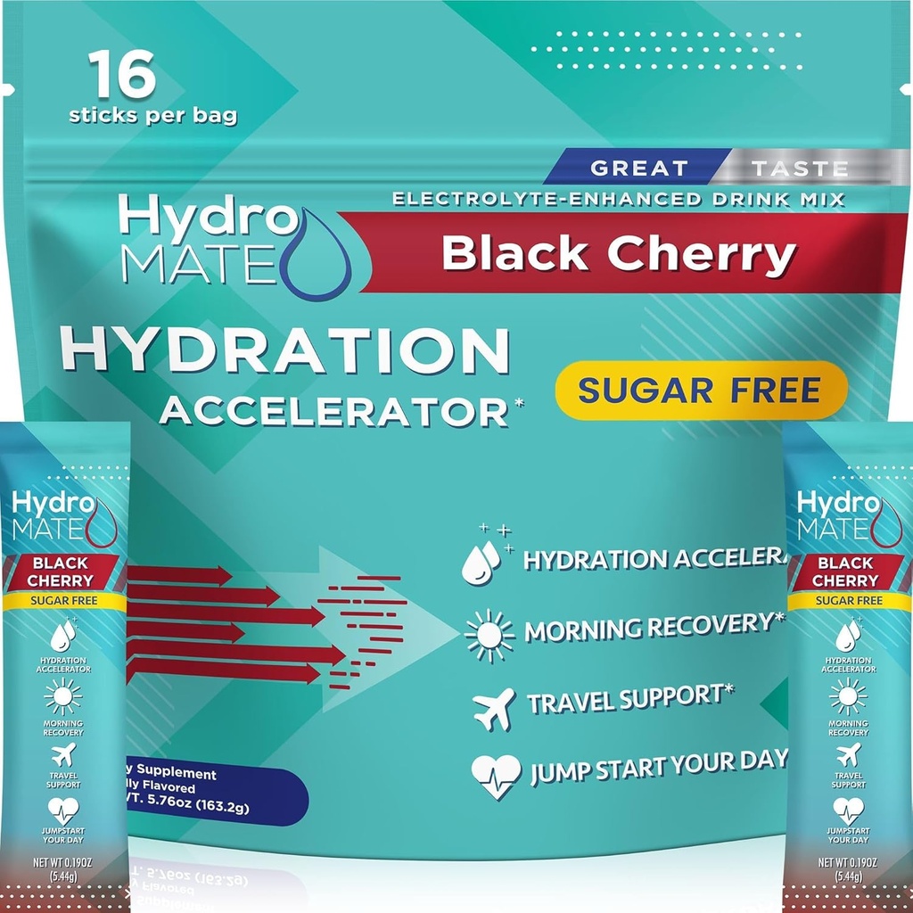 Elektrolytové púdrové hydratačné balíčky bez cukru Čierna Cherry HydroMATE 16 Sticks