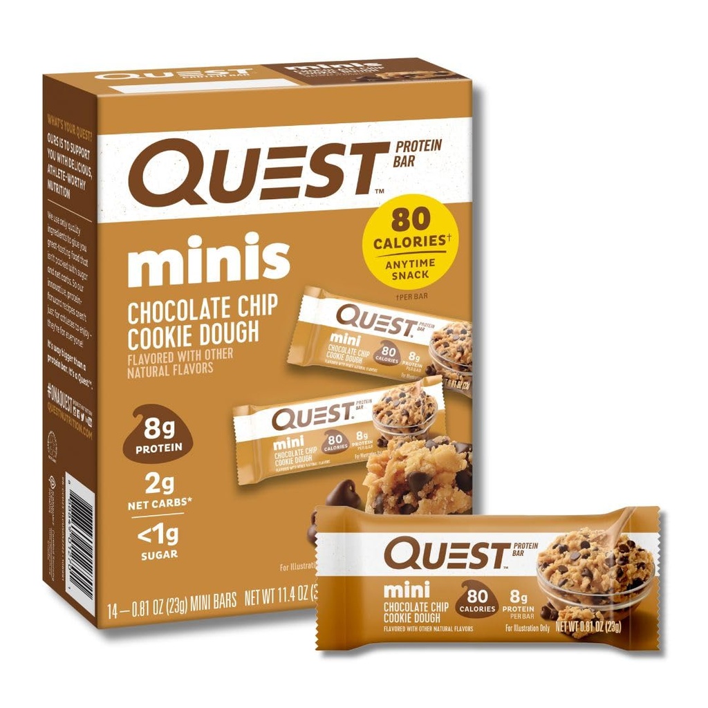 Quest Nutrition Mini Chocolate Chip Cookie Dough Protein Bars, 8g Protein, 1g Cukor, 2g Net Carbs, bez lepku, 14 g