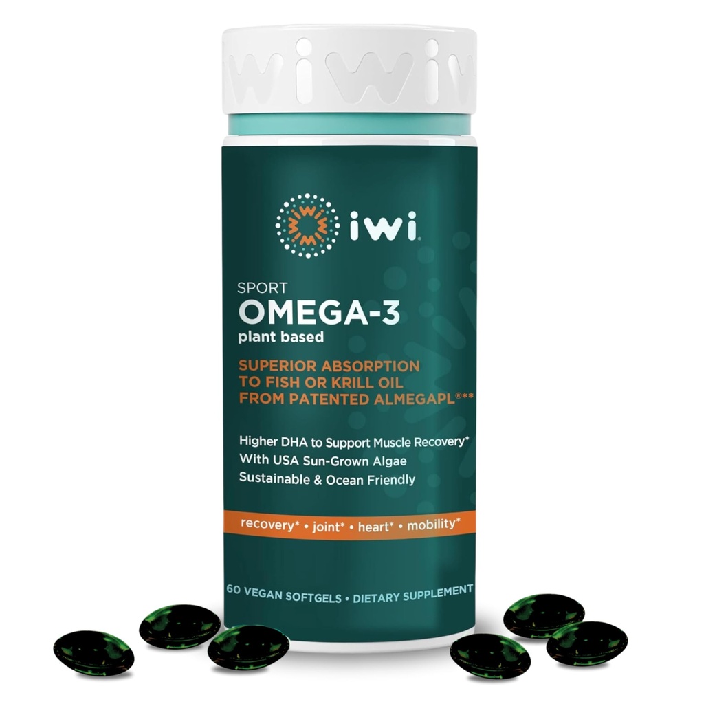 Iwi Omega-3 Sport, 60 Softgels (30 Servings), Plant-Based Vegan Algae Omega 3 s DHA, Cvičenie Recovery Podpora Dietary Supplement, Krill & Fish Oil Alternative, Žiadne ryby dochuť