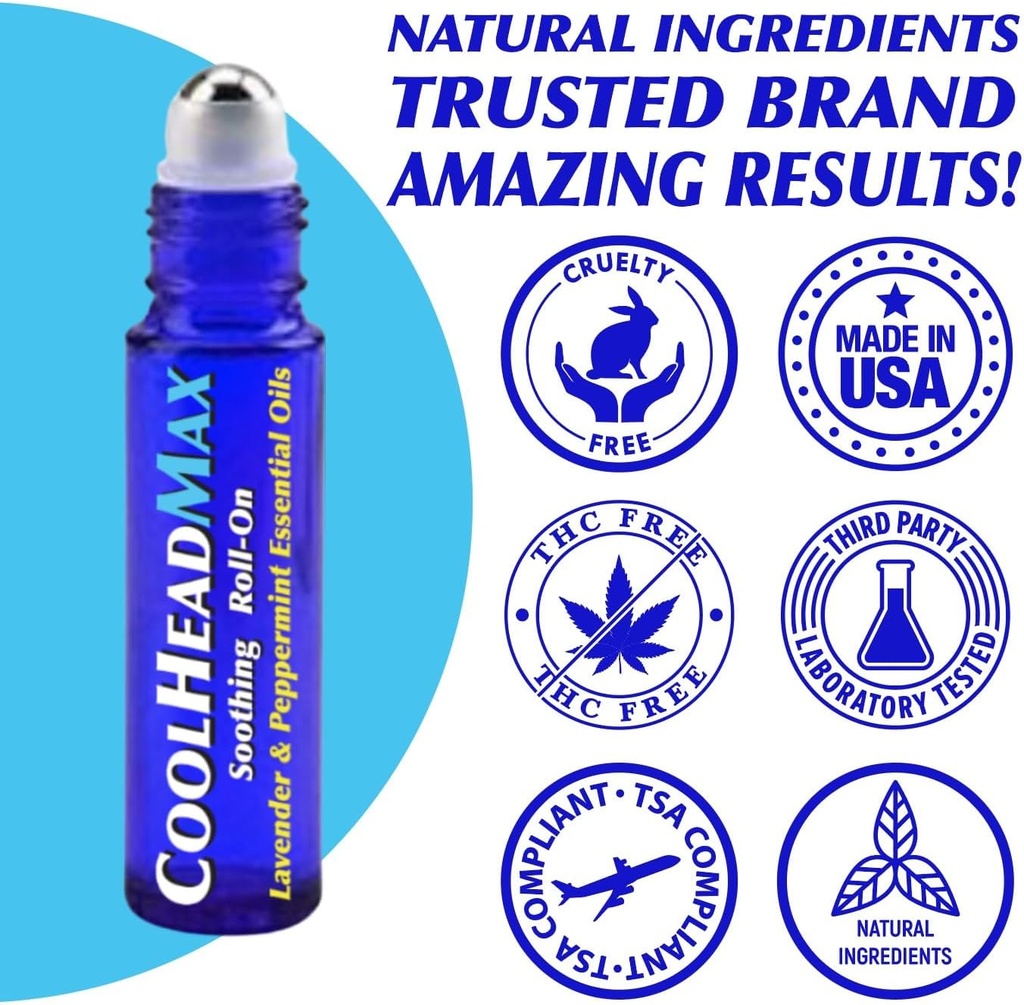 CoolHead Max Roll on, Natural Peppermint Essential Oil Migréna úľava, bolesť hlavy podpora Valček, rýchle chladenie pohodlné pre hlavu, 3 balenie