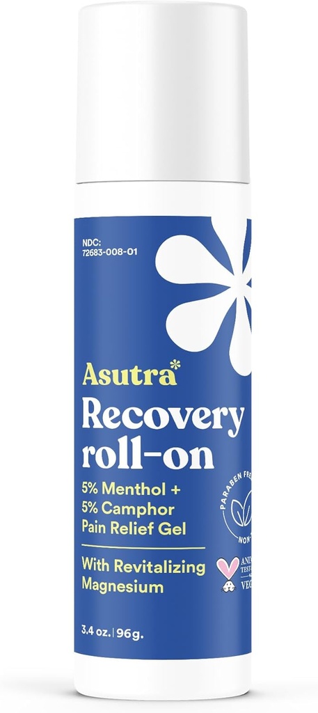 ASUTRA Recovery Roll-On Gel, 3.4 oz - Chladiace a otepľujúce pocity, dočasná úľava od svalového nepohodlia a bolesti, aplikátor bez messa, mentol, gáfor a premium-kvalita horčík