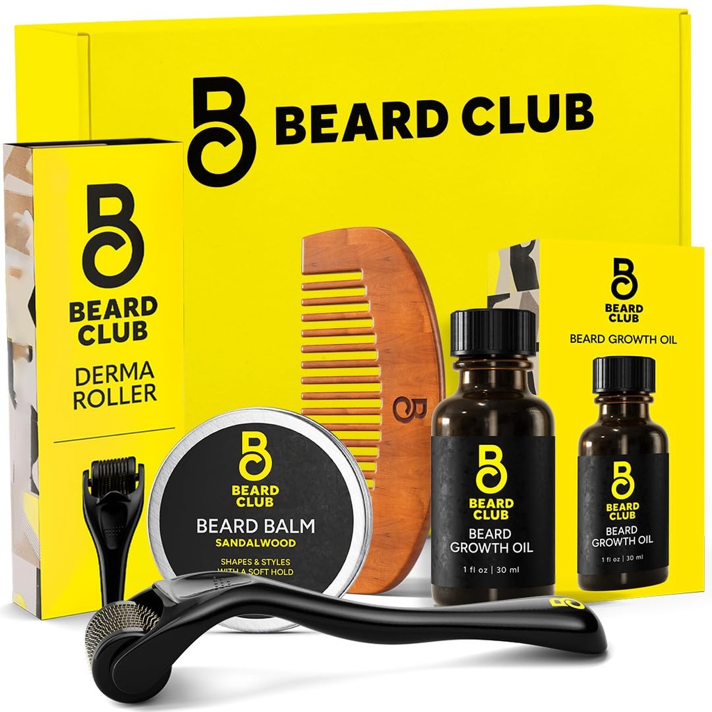 Beard Club Beard Growth Kit - Derma Valček, Beard Growth Oil, Sandalwood Balm, Comb - Darčeková sada