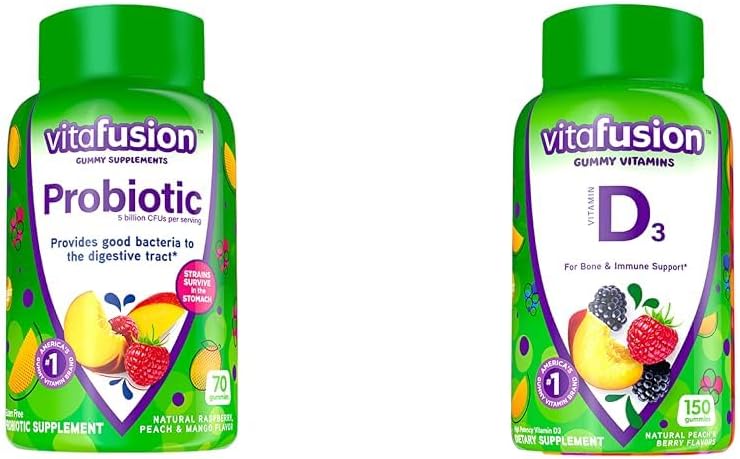 Vitafusion Probiotické Gummy doplnky, Malinová, Broskyňová a Mango chuť a vitamín D3 Gumové vitamíny pre kosti a imunitný systém Podpora