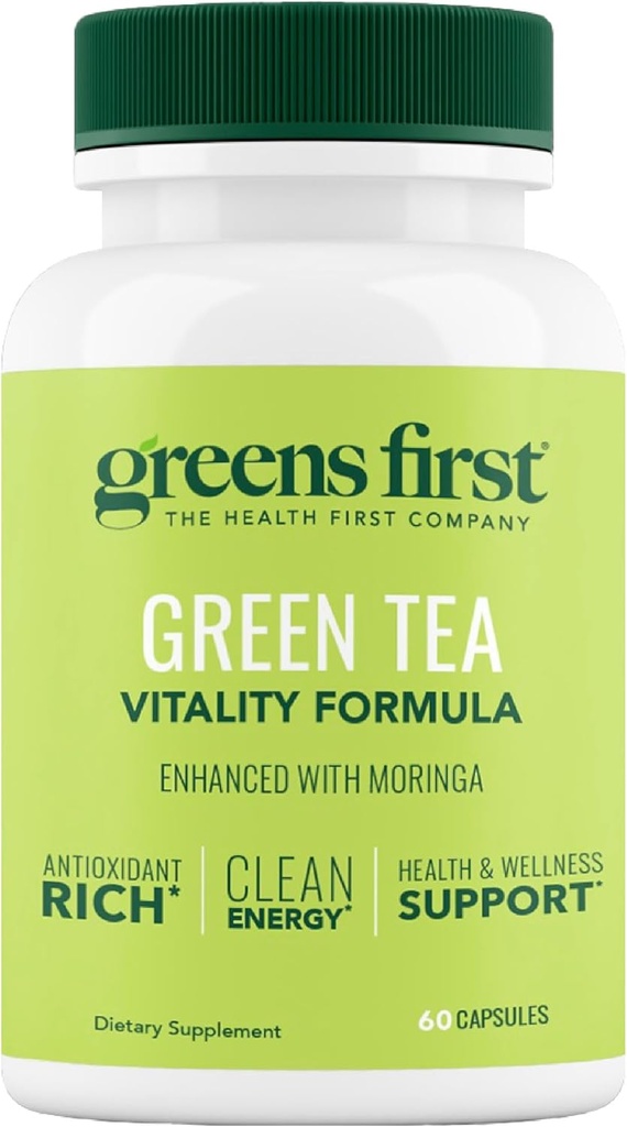 Greens First Green Tea Vitality Formula - Vylepšený s Moringa - Antioxidant-Rich pre Čistú energiu - Vegan & Gluten-Free - Výkonný zmes pre energiu & Celková Wellness (60 kapsúl)