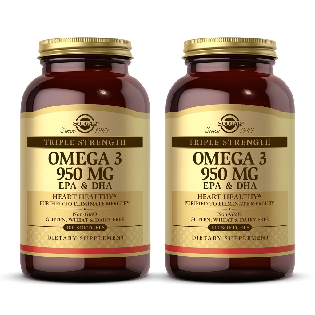 Solgar Triple Sila Omega 3 950 mg - 100 Softgels, balenie po 2 - Podporuje zdravie kĺbov a kože - Non-GMO, bez lepku, bez mlieka - 200 Celkové služby