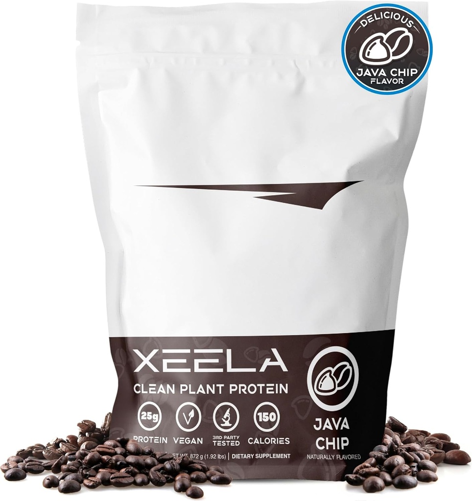XEELA Plant Based Vegan Protein Powder - Nezávisle testované - 25g High Protein, Pea Protein for Men & Women - Vitamíny a minerály, Non GMO, Dairy & Gluten Free, LowCarb & LowFat (Java Chip)