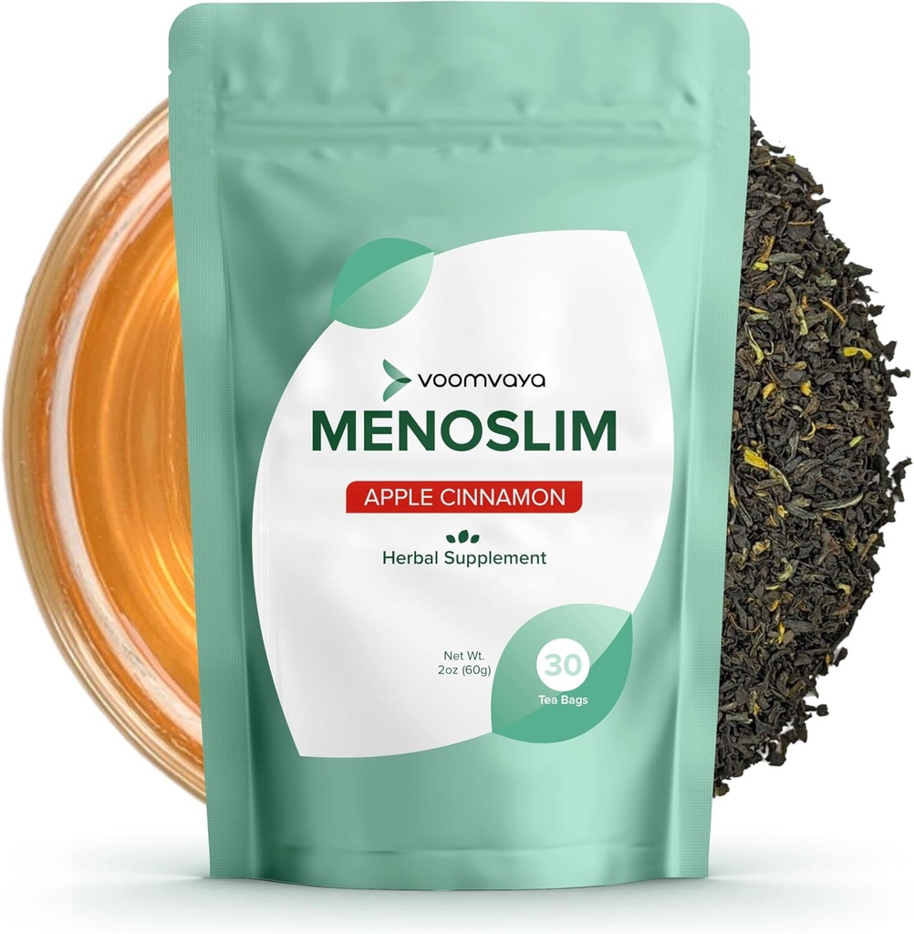 VoomVaya MenoSlim w/Black Cohosh pre Menopause - Hormone Balance Doplnky pre ženy - Relief for Bloating, Hot Flash, Únava, Meno-Belly - Jablko Škorica - 30 Teabags