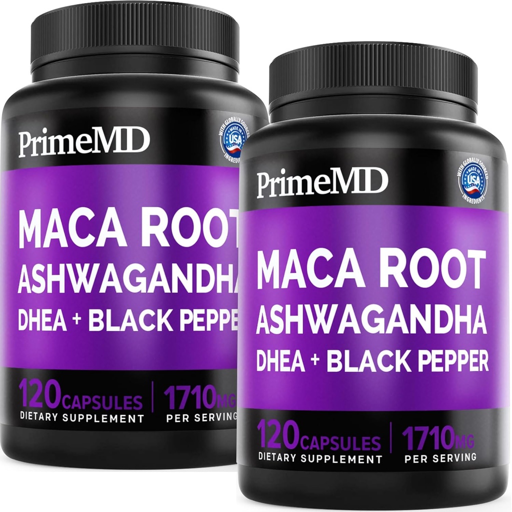 6-in-1 Organic Maca Root Ashwagandha Kapsule 1710mg s DHEA a Black Pepper Fruit Extract pre ženy a mužov - Black Maca Supplement for Stamina, Bone and Mood Suplement, 120ct (Pack of 2)