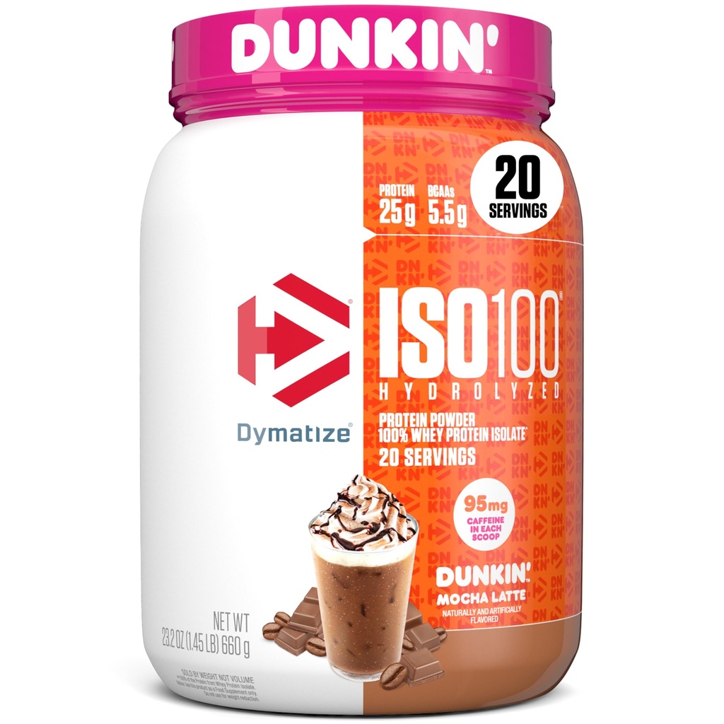 Dymatizovať x Dunkin' Mocha Latte ISO100 Srvátkový proteínový prášok, 95 mg kofeínu, 25g proteínu, 5,5g BCAA, 120 kalov, bez lepku, 1g tuku, 1g cukru, 3g Carb (20 porcií)