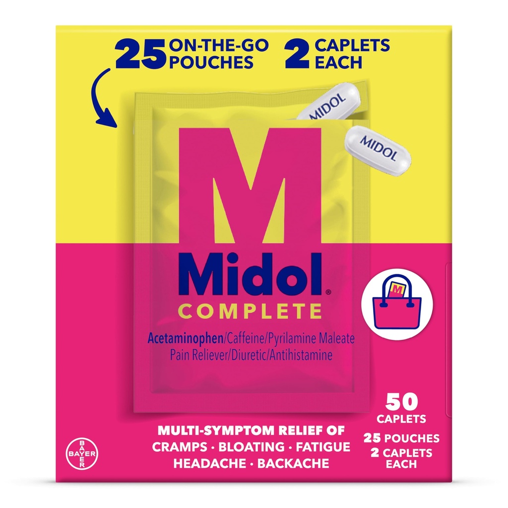 Midol Kompletné na Go Caplets s acetaminophen pre Menštruačné symptom Relief, Doba Cramp a Menštruačné bolesti Relief, 50 Počet (25 Pouchs of 2)