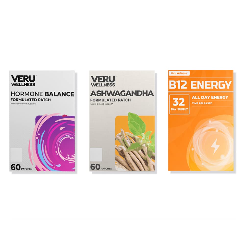 Veru Wellness Hormonal Balance Patch pre ženy Compete Bundle - Myo-Inositol & D-Chiro, Ashwagandha, B12 Energy - PMS Relief, Mensural Support, Mood Stres and Energy (2 mesiace)