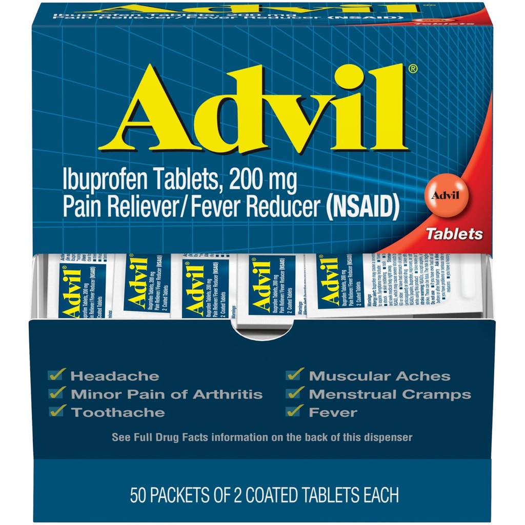 Advil Bolesť Reliever a horúčka Redukcia, Bolesť Relief Medicína s Ibuprofenom 200 mg pre bolesti hlavy, Backache, Menstrual Bolesť a bolesť kĺbov Relief - 50x2 obalené tablety