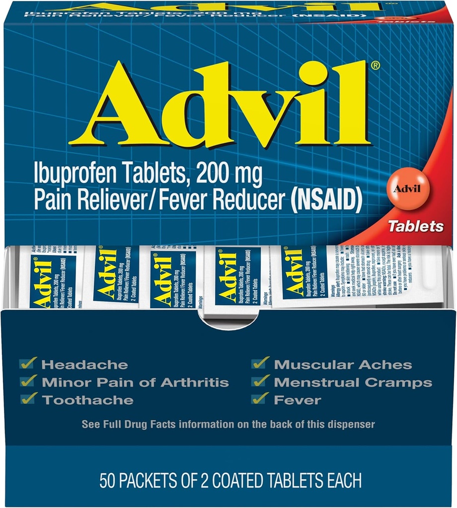 Advil Bolesť Reliever a horúčka Redukcia, Bolesť Relief Medicína s Ibuprofenom 200 mg pre bolesti hlavy, Backache, Menstrual Bolesť a bolesť kĺbov Relief - 50x2 obalené tablety