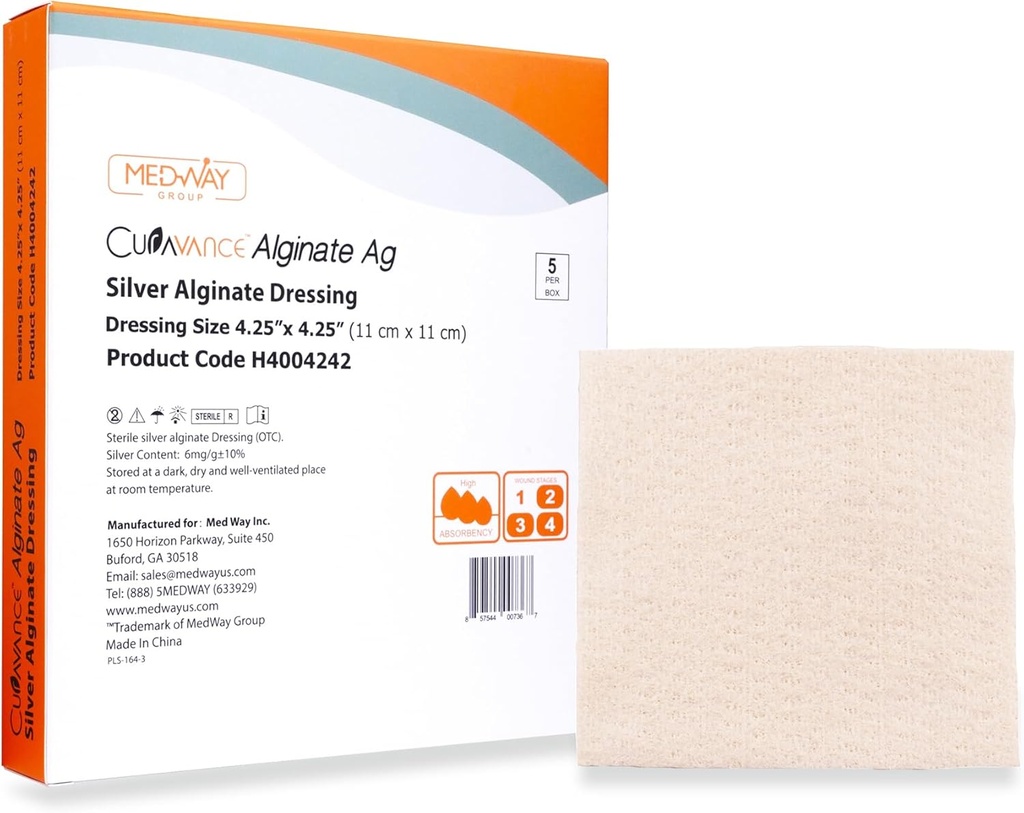 MedVance MedHeal Silver Calcium Alginate Ag Sterile Highly Absorbent Dressing, (4.25" x 4.25") 5 dressings/Box, 5 gróf (Pack of 1)