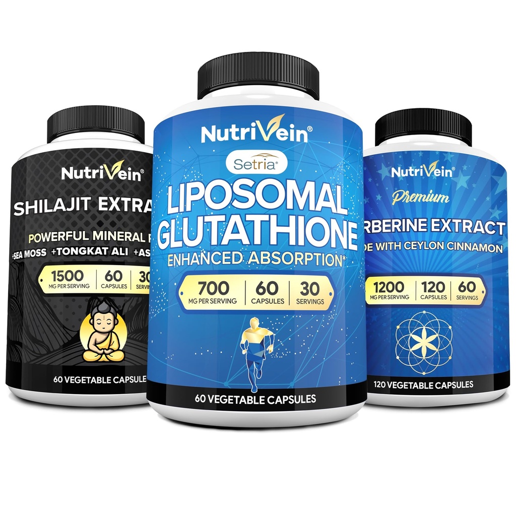 Nutrivein Premium Shilajit Kapsule, Lipozomálne Glutatión Supplement, & Berberine Supplement Bundle: Berberine, Glutatione, & Shilajit Kapsule od Muži & Ženy - Metabolizmus, Vitalita, & Balance