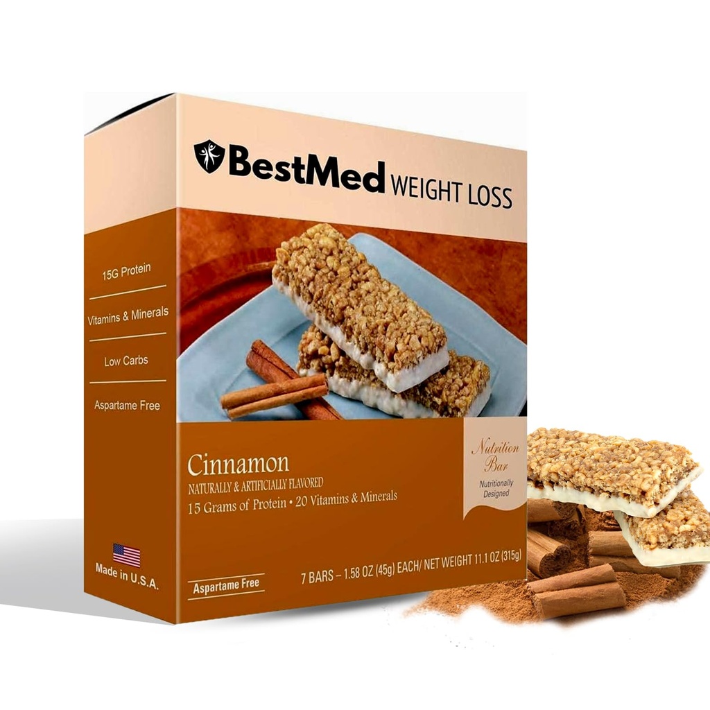 BestMed - High Protein Nutrition Bar - Low-Carb, 15g Protein, Nízky cukor, Nízky kalórií, Náhradný bar jedál (Cinnamon, 1 Box - 7 Počet)