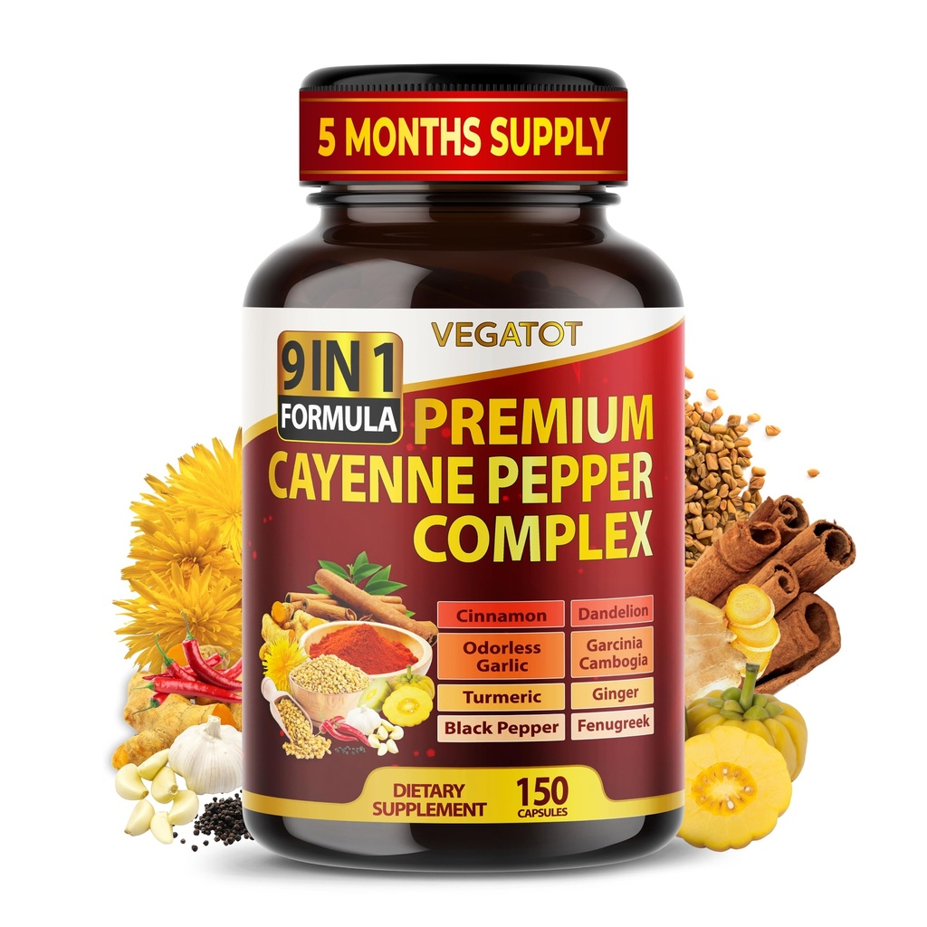 Organické Cayenne Pepper 9IN1 Komplex so škoricou, zázvorom, kurkuma pre celkové zdravie, imunitný systém, Trávenie Wellness (150 Počet (Pack of 1))