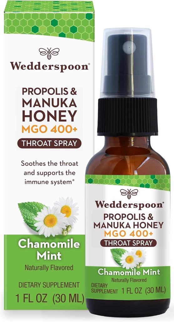 Svadobná lyžica Propolis a Manuka Honey Throat Spray, harmanček a mincovňa, 1 Fl Oz (pack of 1), Sore Throat Relief, Natural Immune Support