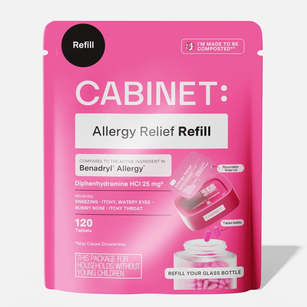 Kabinet: Difenhydramín 25mg Alergy Relief Antihistaminiká Tablety pre alergie, Hay Fever, a Runny Nose, 120 tabliet (Refill Pouch)