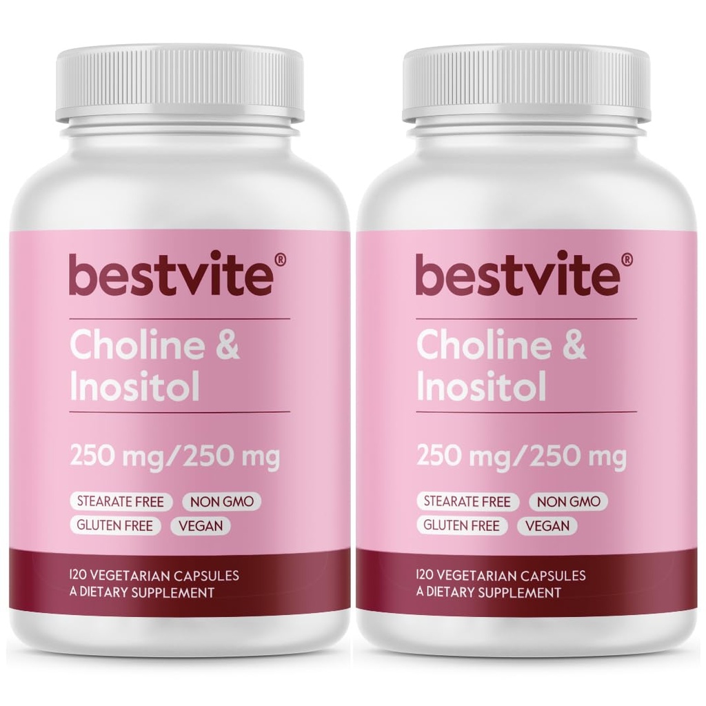 BESTVITE Choline Inozitol 500mg (240 Vegetariánske kapsuly) (120 x 2) - Žiadne stearáty - bez dikalciumfosfátu - žiadne výplne - Vegan - Non GMO - bez lepidla