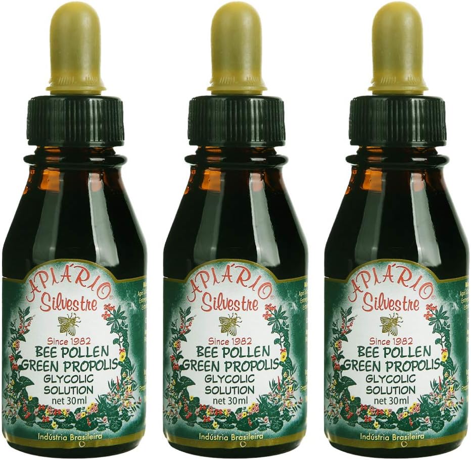 3 Bottles of Apiario Silvestre Bee Pollen & Brazil Green Bee Propolis Liquid - Glycolic Extract-Non Alcoholic, Wax Free, Sugar Free