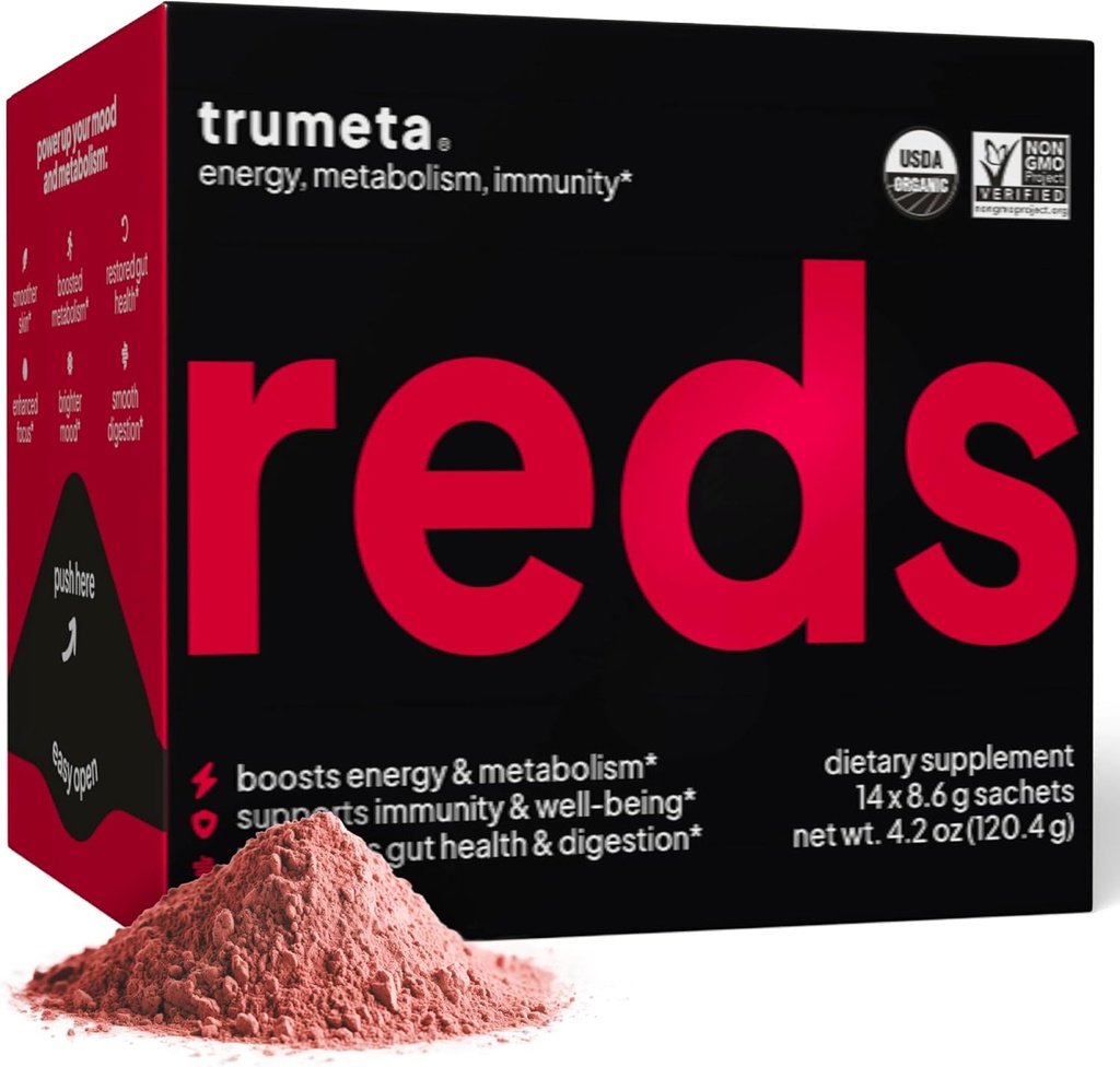 Superfood Reds Powder Packs - pre imunitnú podporu a pamäť Reds Superfood Powder Antioxidanty Polyfenoly Zmes s organickým Acai Berry, Goji Berry, granátové jablko - 14 Vrecká
