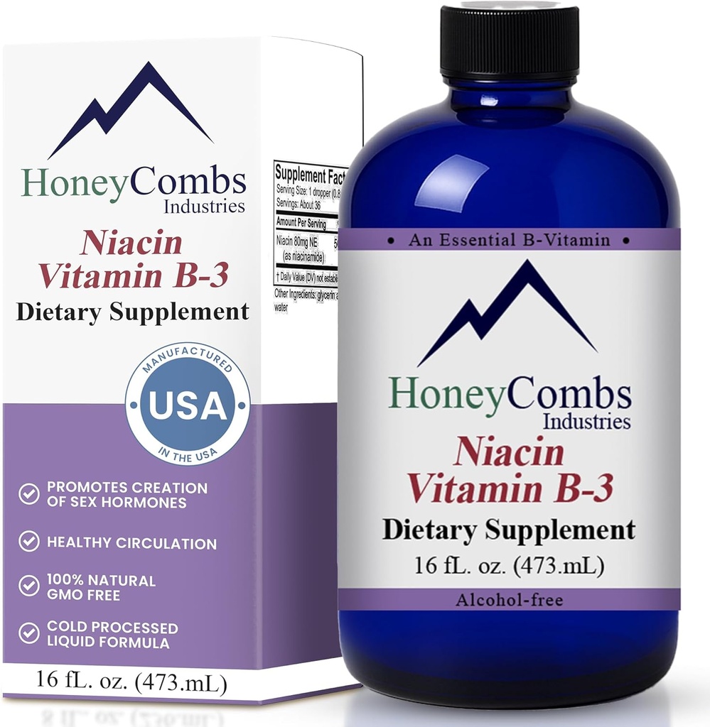 HoneyCombs Vitamín B3 Niacin Supplement Liquid Drops - Vysoká potency Vitamín B3 Tekuté kvapky pre mužov a ženy - Udržiavajte tráviaci systém, koža, jazyk, energia a viac - Vegan Niacin Drop (16 Fl oz)