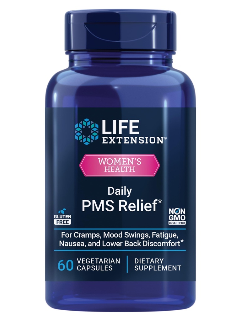 Life Extension Daily PMS Relief, Menstrual Comfort Supplement, PMS-Súvisiace kŕče, Lower Back diskomfort, Mood, Ginger, Horčík, B6, Gluten-Free, Non-GMO, 60 Kapsule