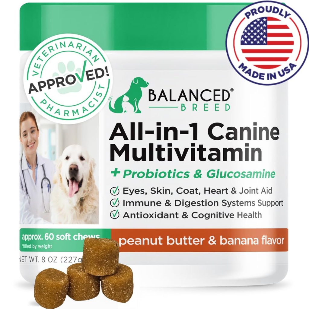 Balanced Breed All-in-1 Psí vitamíny Doplnky vyrobené v USA Vet-Pharmacist Schválený pes Multivitamín Probiotiká Glukozamín Chondroitín Psy Salmonový olej Skin Coat Immune Senior Psy Supplement NonGMO