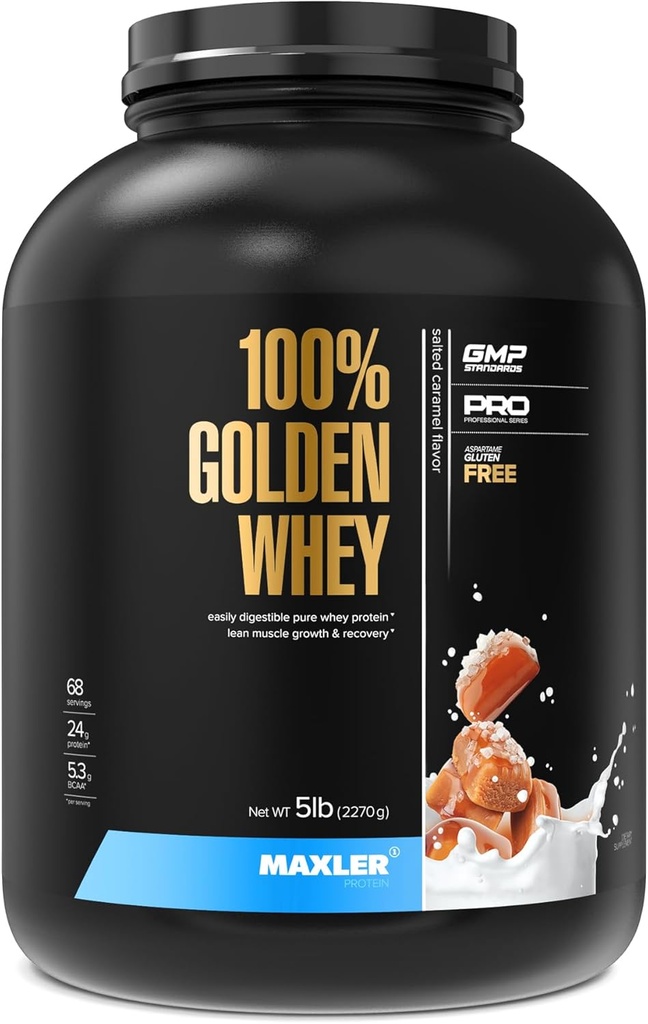 Maxler 100% Zlatá srsť Protein - 24 g proteínu na jeden podávací - Prémiový prášok na srsť pre predprípravu po tréningu - Fast-Absorbing Srvátkový koncentrát, Izolát a hydrolyzát Zmes - Solený karamel 5 lb