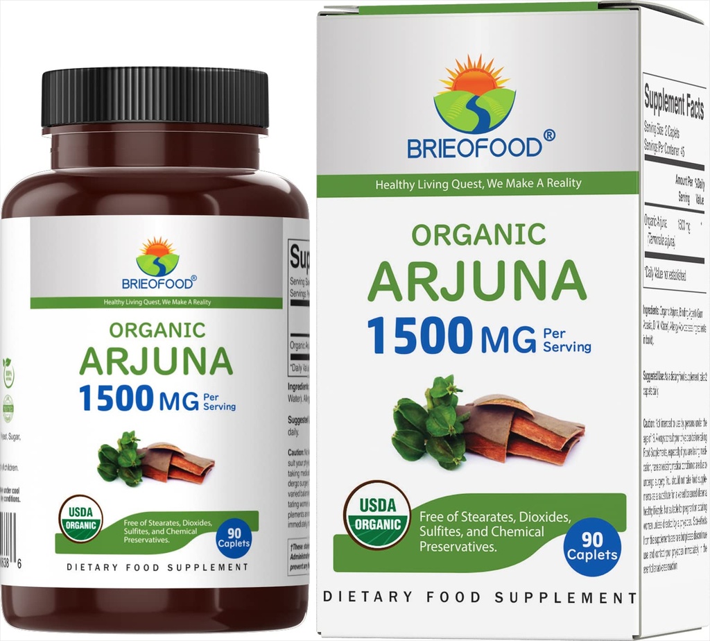 Brieofood Organic Arjuna 1500mg, 45 Servings, Vegetariánska, Gluten Free, 90 Vegetariánska tableta