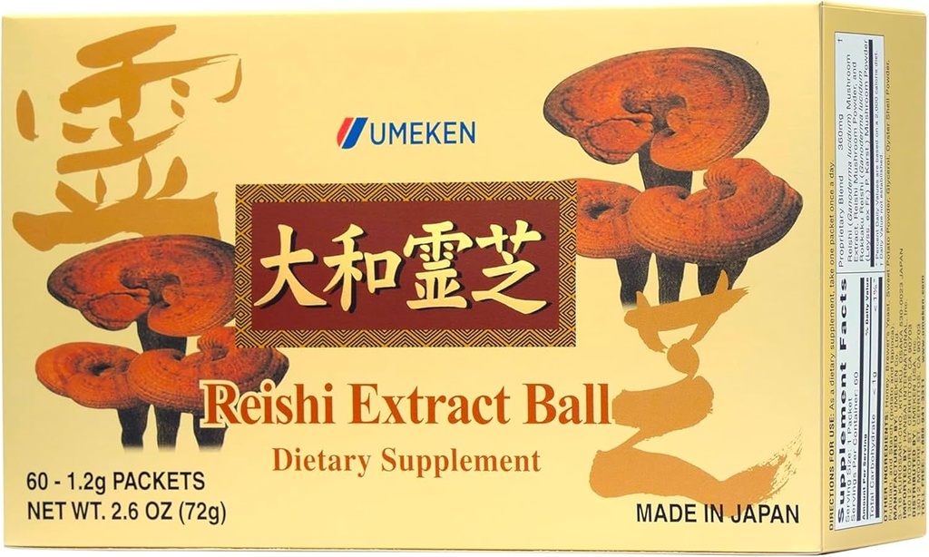 Umeken Reishi Mushroom extraktové guľôčky, koncentrované, japonské Reishi Huba doplnok s Beta Glucan, koncentrované vo formáte lopty, 2 mesiace dodávky, 60 paketov, balenie po 1