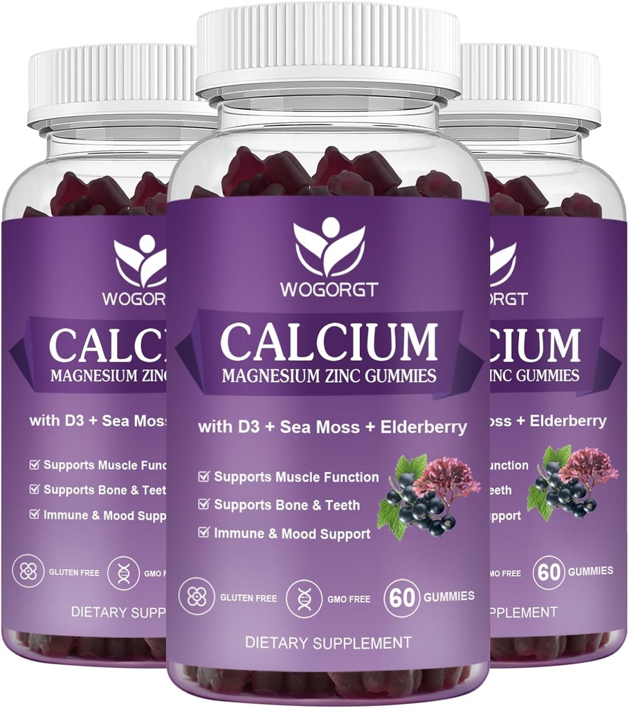 Kalcium Magnézium Zinok Gumies s vitamínom D3 - Vysoko absorpčný komplex kalcium doplnok s morským machom, bazy pre kosti, svaloviny, imunitné, Mood & Sleep Support, Vegan - 60 Gumies (3 balenia)