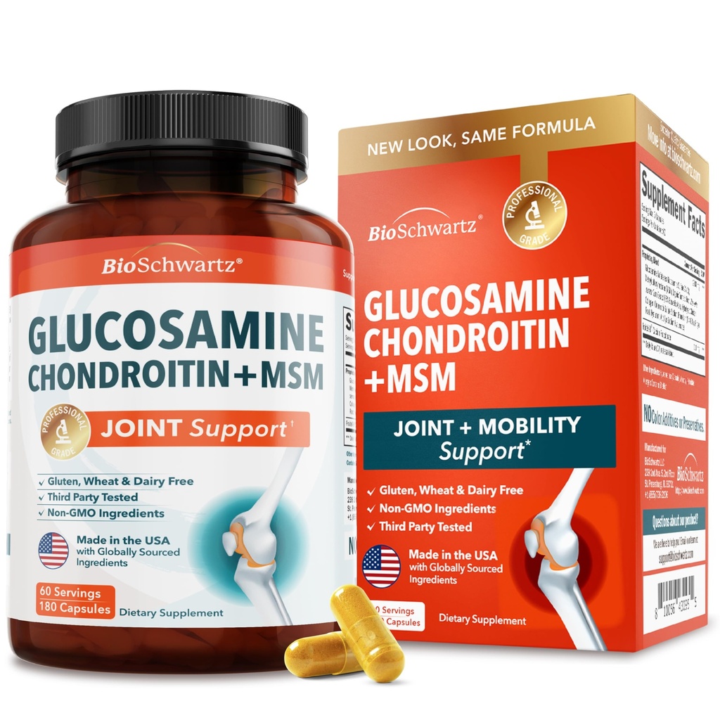 Glukozamín Chondroitín MSM Joint Suplement - Collagen Peptides, Turmerica and Ginger, Kyselina hyalurónová, Glukozamín Chondroitín Sulfate pre Joint Comfort - Gluten Free, Non GMO, 180 Kapsule