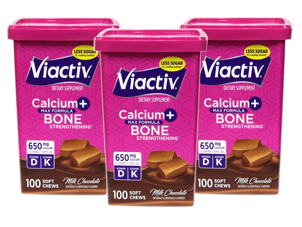 Viactiv Max Formula vápnik +vitamín D3 doplnok pre kosť zdravé mlieko čokoláda, 100 mäkké žuvačky - 3 balenie