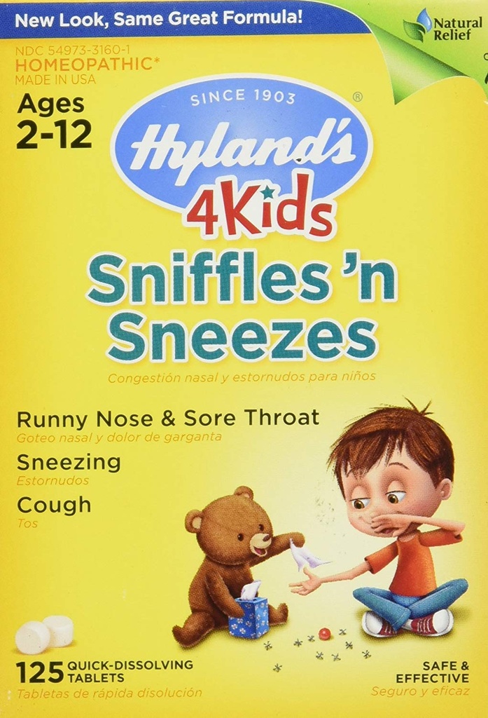 Zinok pre deti Vek 2+, Cold Medicine Tablets, Hyland je 4 Deti Sniffles n' Sneezes, Dekongestant, Bolesť hlavy a Sinus Relief, Prírodná liečba alergie a bežné studené príznaky, 125 Počet