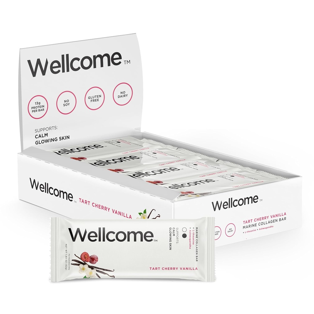 Wellcome Tart Cherry Vanilla Marine Collagen Protein Bar s Ashwagandha a L-Theanine - Adaptogénny Snack Bar - Dairy Free Health Bar for Functional Active Lifestyle (Pack of 12)
