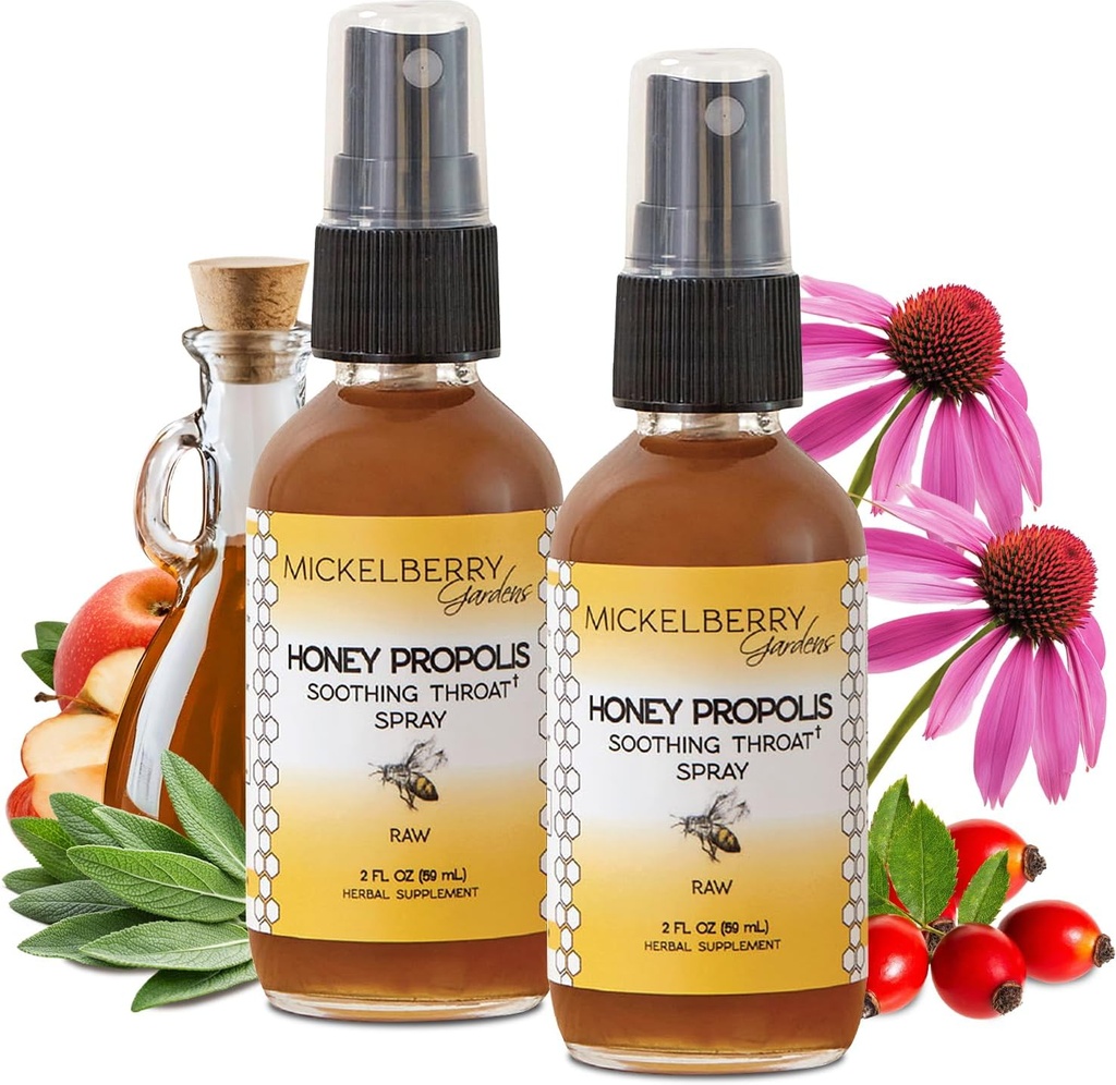 Mickelberry Gardens Honey Propolis Sprej na hrdlo - Upokojujúca úľava na hrdlo a Propolis Imunitná podpora pre dospelých a deti - bylinné a med vzorec (2 oz, 2 balenie)